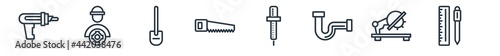 linear set of construction and tools outline icons. line vector icons such as caulk gun, mechanic working, spade, handsaw, iron soldering, null vector illustration.