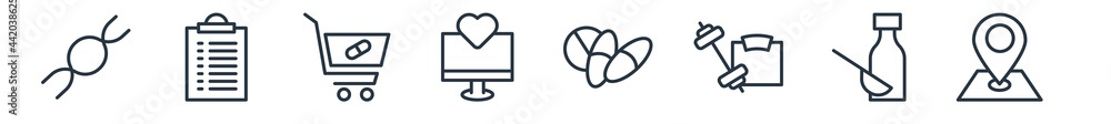 linear set of medical outline icons. line vector icons such as medical chain of dna, positive verified of a clipboard, pharmacy shopping cart, medical heart scan, drugs capsules and pills, hospital linear set of medical outline icons. line vector icons such as medical chain of dna, positive verified of a clipboard, pharmacy shopping cart, medical heart scan, drugs capsules and pills, hospital