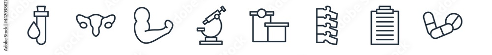linear set of medical outline icons. line vector icons such as blood analysis, null, strong, microscope tool, hospital building front, drug pills vector illustration. linear set of medical outline icons. line vector icons such as blood analysis, null, strong, microscope tool, hospital building front, drug pills vector illustration.