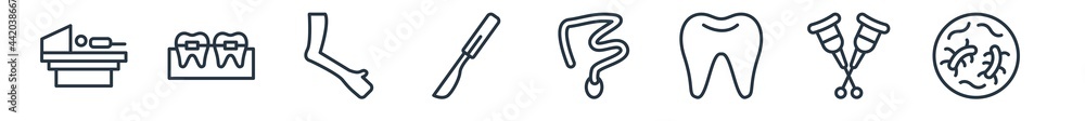 linear set of medical outline icons. line vector icons such as scan, braces, arm, scalpel, intestine, bacteria vector illustration. linear set of medical outline icons. line vector icons such as scan, braces, arm, scalpel, intestine, bacteria vector illustration.