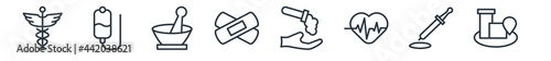 linear set of medical outline icons. line vector icons such as caduceus, perfusion, medicines bowl, bandage cross, acid falling on hand, hospital letter in rounded square vector illustration.