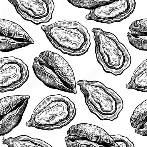  Vintage seamless pattern with oyster shells in engraving sketch hand drawn style Print with mussels elements 