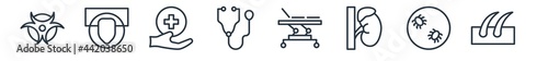 linear set of medical outline icons. line vector icons such as biological warning, canine, hospital medicalal of a cross in a circle, stethoscope medical heart beats control tool, table of