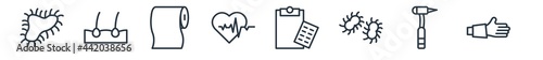 linear set of medical outline icons. line vector icons such as microbe, epidermis, tissue paper, lifeline, prescription, bandage vector illustration.