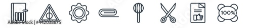 linear set of miscellaneous outline icons. line vector icons such as room door, rune, beer cap, paperclip attachment, carpet beater, 100 percent vector illustration.