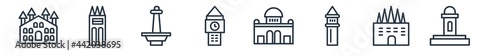 linear set of monuments outline icons. line vector icons such as milan cathedral, philippines, national monument monas, the clock tower, alcala gate, hassan mosque vector illustration.