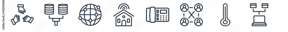 linear set of networking outline icons. line vector icons such as arms, balancing data, distribute, school network, domestic phone, continuous line vector illustration.