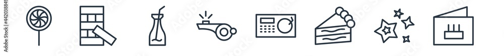 linear set of party outline icons. line vector icons such as candy paper, jenga, juice bottle with straw, wistle, dj playing records, birthday card vector illustration. linear set of party outline icons. line vector icons such as candy paper, jenga, juice bottle with straw, wistle, dj playing records, birthday card vector illustration.