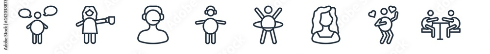 linear set of people outline icons. line vector icons such as speech balloons, woman holding cup, phone service, with safety headphone, hula hop, group meeting vector illustration. linear set of people outline icons. line vector icons such as speech balloons, woman holding cup, phone service, with safety headphone, hula hop, group meeting vector illustration.