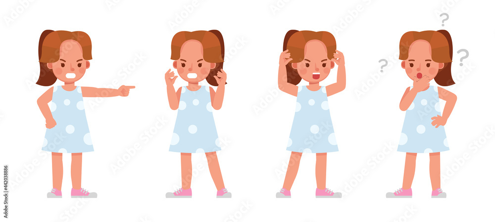 Set of children character vector design. Girl wear blue dress. Presentation in various action with emotions. angry upset kids. Set of children character vector design. Girl wear blue dress. Presentation in various action with emotions. angry upset kids.