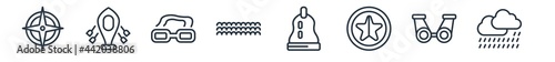 linear set of nautical outline icons. line vector icons such as compass, rubber raft, swimming glasses, ocean waves, boat bell, rainy cloud vector illustration.