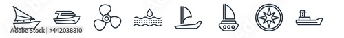 linear set of nautical outline icons. line vector icons such as felucca, motorboat, boat screw, salt water, windsail, scow vector illustration.