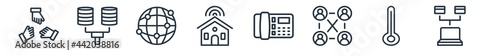 linear set of networking outline icons. line vector icons such as arms  balancing data  distribute  school network  domestic phone  continuous line vector illustration.