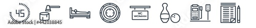 linear set of other outline icons. line vector icons such as digital number 45, wood cutter, sleeping bed, shooting gallery, women's bathroom, paper list and a pencil vector illustration.