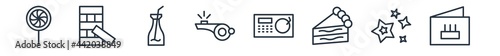 linear set of party outline icons. line vector icons such as candy paper, jenga, juice bottle with straw, wistle, dj playing records, birthday card vector illustration.