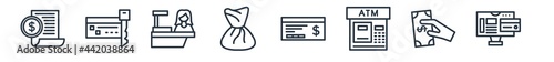 linear set of payment outline icons. line vector icons such as taxes, card key, cashier, money bag, cheque, online banking vector illustration.