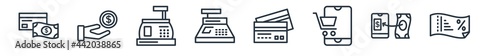 linear set of payment outline icons. line vector icons such as financial, pay, cash register, cashier machine, card, voucher vector illustration.