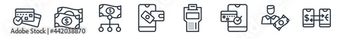 linear set of payment methods outline icons. line vector icons such as debit payment, dollar, sharing, online wallet, point of service, mobile transfer vector illustration.