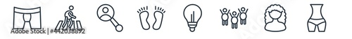 linear set of people outline icons. line vector icons such as man underwear, crossing street, people searcher, human feet, light ball, hip vector illustration.
