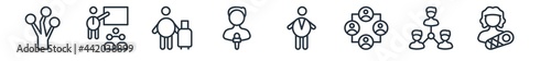linear set of people outline icons. line vector icons such as family tree, class, luggage, male reporter, man, mother with baby in arms vector illustration.
