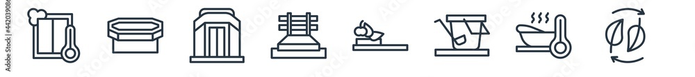 linear set of sauna outline icons. line vector icons such as sauna temperature, laconium, infra heat cabin, brine cabin, private spa, fresh air supply vector illustration. linear set of sauna outline icons. line vector icons such as sauna temperature, laconium, infra heat cabin, brine cabin, private spa, fresh air supply vector illustration.