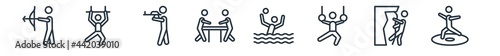linear set of recreational games outline icons. line vector icons such as people playing archery, people playing trapeze, people playing paintball, air hockey, waterpolo, jumping vector