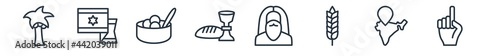 linear set of religion outline icons. line vector icons such as palm tree with date, israel flag, matzo ball soup, communion, moses, one god vector illustration.