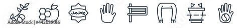linear set of religion outline icons. line vector icons such as olive branch, apple and honey, muhammad word, henna painted hand, gragger, karma vector illustration.