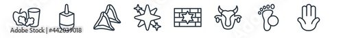 linear set of religion outline icons. line vector icons such as diet, dreidel, hamantaschen, holy star, kotel, hamsa hand vector illustration.