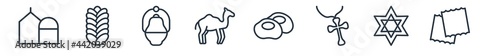 linear set of religion outline icons. line vector icons such as synagogue, challah, jewish incense, dromedary, gefilte fish, matzo vector illustration.