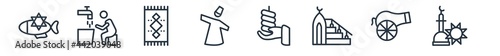 linear set of religion outline icons. line vector icons such as inclined fish, wudu, islamic praying carpet, sufi mystic, vigil, ramadan sunrise vector illustration.
