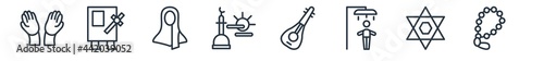 linear set of religion outline icons. line vector icons such as muslim praying hands, raya rosary, hijab, subah prayer, oud, prayer beads vector illustration.
