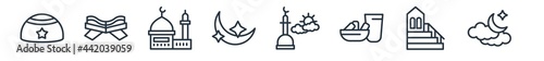linear set of religion outline icons. line vector icons such as yarmulke, quran rehal, islamic mosque, star and crescent moon, fajr dawn prayer, ramadan crescent moon vector illustration.
