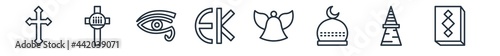 linear set of religion outline icons. line vector icons such as christian, last supper, eye of ra, eckankar, standing bell, koran vector illustration.