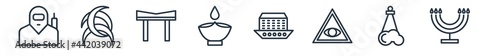 linear set of religion outline icons. line vector icons such as jihad, odin, shinto, diwali, noah ark, menorah vector illustration.