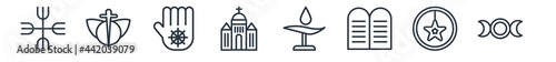 linear set of religion outline icons. line vector icons such as paganism, heresy, jainism, vatican, unitarian universalism, goddess vector illustration.