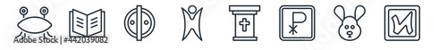 linear set of religion outline icons. line vector icons such as pastafarianism, quran, animism, humanism, tribune, nihilism vector illustration.