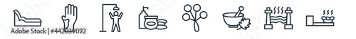 linear set of sauna outline icons. line vector icons such as tepidarium, mottled skin, dousing shower, banja, steam jet, earth sauna vector illustration.