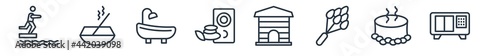 linear set of sauna outline icons. line vector icons such as adrenalin rush, aroma stimulation, hamam, sound stimulation, hideaway, irish steam bath vector illustration.