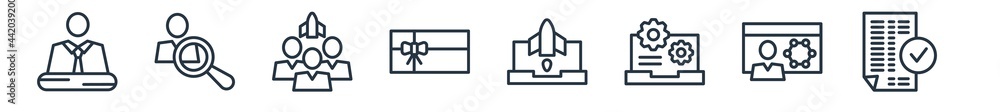 linear set of startup stategy and outline icons. line vector icons such as ceo, hire, team, gift voucher, startup laptop, valid vector illustration.
