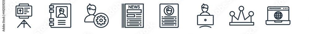 linear set of strategy outline icons. line vector icons such as planning?, phonebook, admin, newspaper?, resume?, website? vector illustration. linear set of strategy outline icons. line vector icons such as planning?, phonebook, admin, newspaper?, resume?, website? vector illustration.