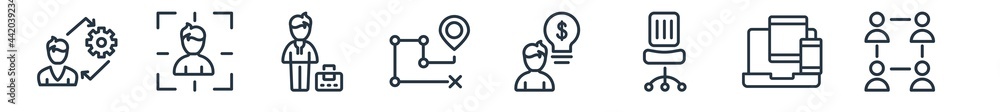 linear set of strategy outline icons. line vector icons such as coaching, focus?, businessman?, path?, business?, collaboration? vector illustration. linear set of strategy outline icons. line vector icons such as coaching, focus?, businessman?, path?, business?, collaboration? vector illustration.