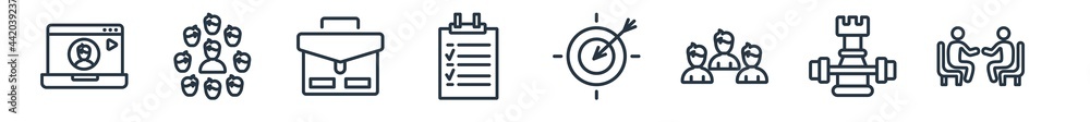 linear set of strategy outline icons. line vector icons such as video conference?, resource, briefcase?, policy?, goal?, meeting? vector illustration. linear set of strategy outline icons. line vector icons such as video conference?, resource, briefcase?, policy?, goal?, meeting? vector illustration.