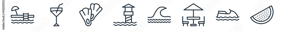 linear set of summer outline icons. line vector icons such as swimming pool, refreshing cold drink, fins, lifeguard, ocean, slice of melon vector illustration. linear set of summer outline icons. line vector icons such as swimming pool, refreshing cold drink, fins, lifeguard, ocean, slice of melon vector illustration.