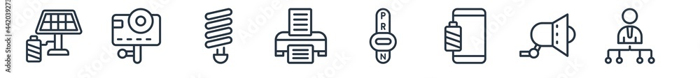 linear set of technology outline icons. line vector icons such as solar battery, go pro, electric light bulb, paper printer, transmission, project manager vector illustration. linear set of technology outline icons. line vector icons such as solar battery, go pro, electric light bulb, paper printer, transmission, project manager vector illustration.