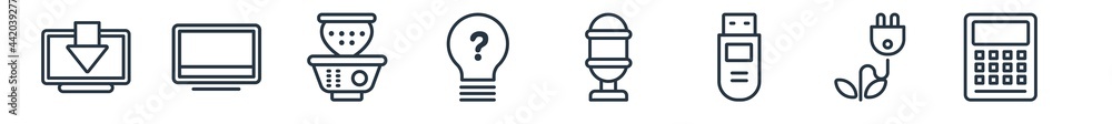 linear set of technology outline icons. line vector icons such as receive, big tv, fryer, light bulb idea, retro microphone, calculations vector illustration. linear set of technology outline icons. line vector icons such as receive, big tv, fryer, light bulb idea, retro microphone, calculations vector illustration.