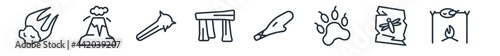 linear set of stone age outline icons. line vector icons such as meteor, volcano, cudgel, stonehenge, club, roast chicken vector illustration.