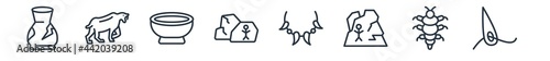 linear set of stone age outline icons. line vector icons such as pottery, saber toothed tiger, plate, cave painting, amulet, needle vector illustration.