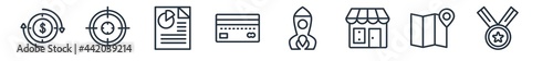 linear set of strategy outline icons. line vector icons such as investment?, target?, report?, card?, startup?, medal? vector illustration.