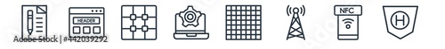 linear set of technology outline icons. line vector icons such as declarations, semantic elements, raster images, website optimization, grid system, hybrid app vector illustration.